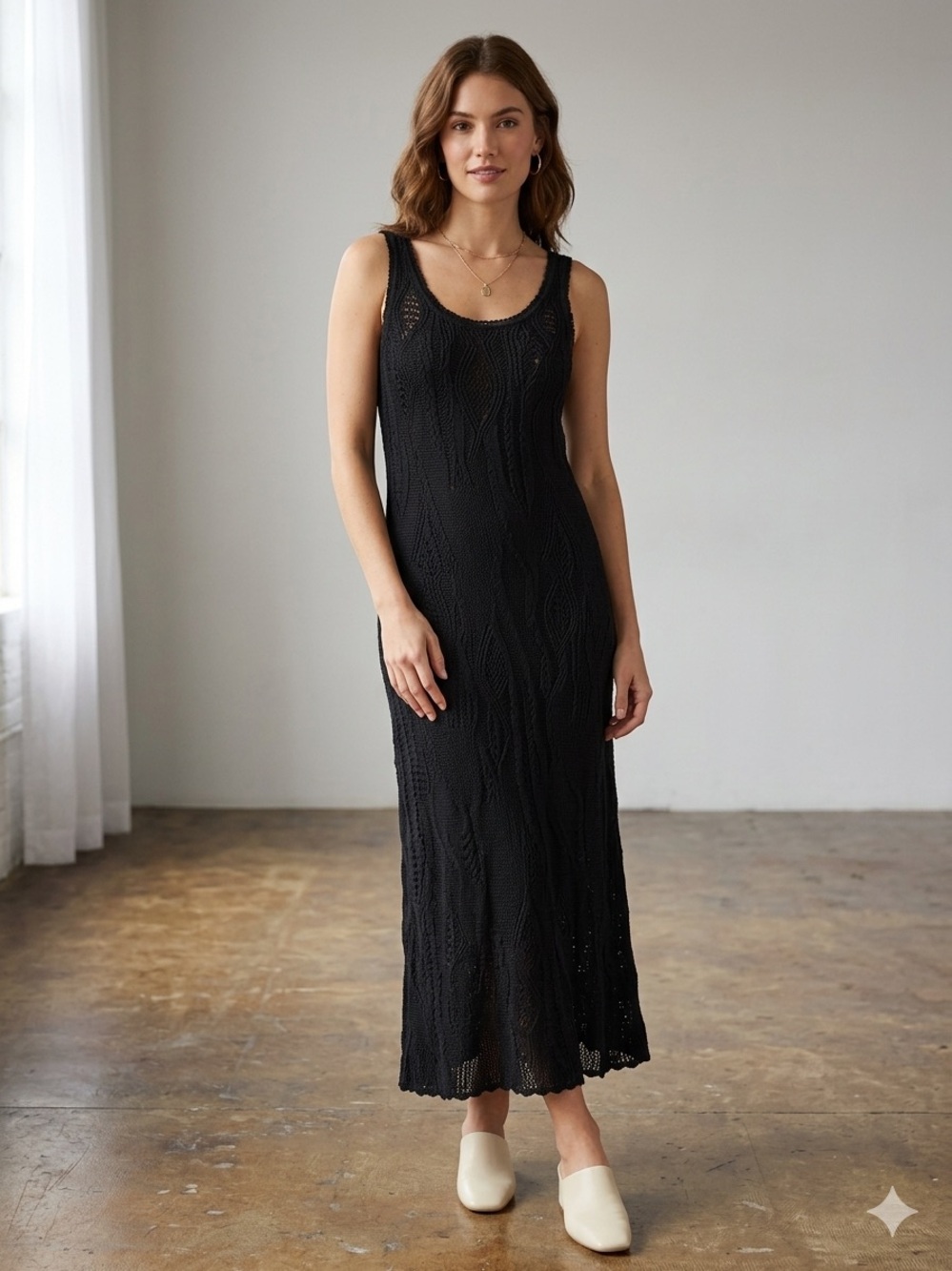 Lauren Ralph Lauren Black Sleeveless Knit Crochet‎ Black Maxi Lined Dress Size S
